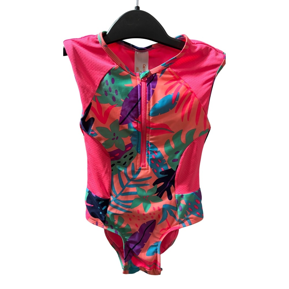 Cat & Jack‎ Girls 5T Tropical Rash Guard One Piece Swimsuit Neon Pink Floral Zip